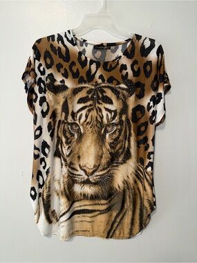 Liu Jo Brown and Black Tiger & Leopard Print Short Sleeve Top